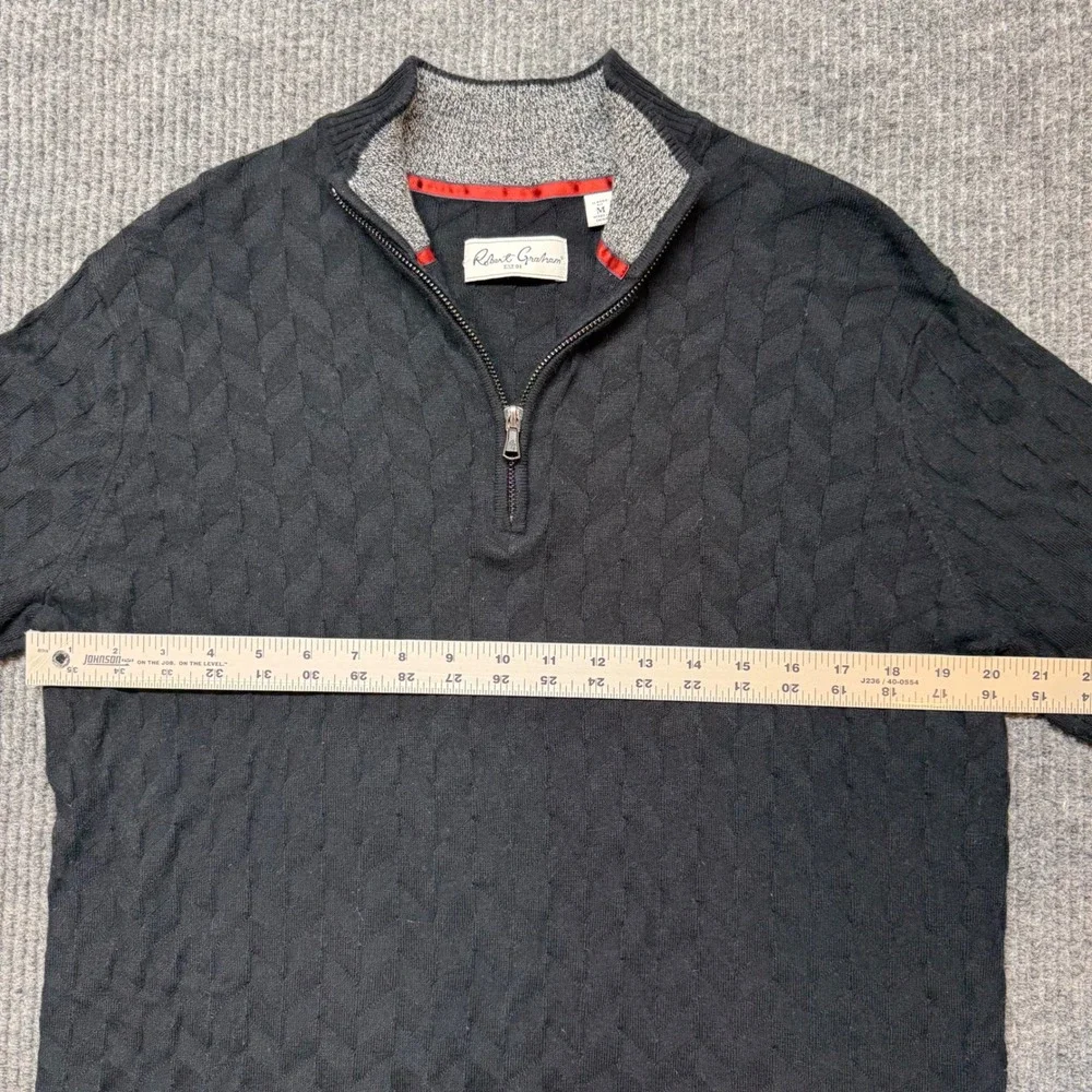 Robert Graham Wool‎ Blend Black Cable Knit Quarter Zip Sweater Medium Luxe
